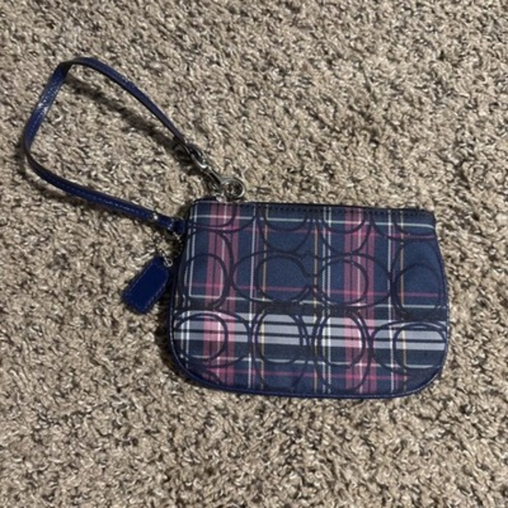 Multicolor Plaid Coach Wristlet With Blue Patent Strap
